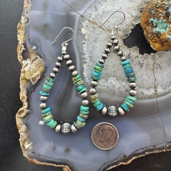 Sterling 4-6mm Navajo Pearl Southwester Style& 6mm Turquoise Bead Hoop Earrings - Picture 8 of 10